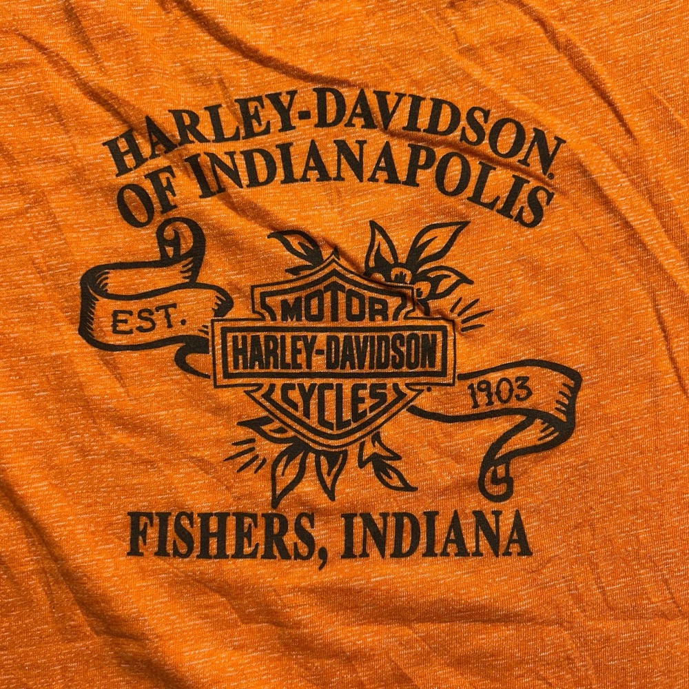 Harley Davidson Indianapolis V-Neck Graphic T-Shirt Orange Womens Small y2k - Picture 6 of 9